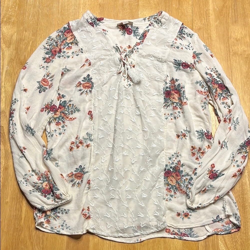 Style & Co. Cream Blouse with Smocked Tie Front